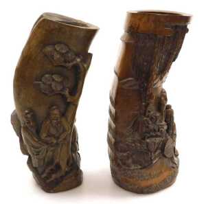 A 20thC Chinese carved bamboo brush pot, decorated in high relief with two figures seated upon... - 4