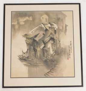 Chinese School (20thC). A Jiangan water village, ink and watercolour, with calligraphy and... - 2