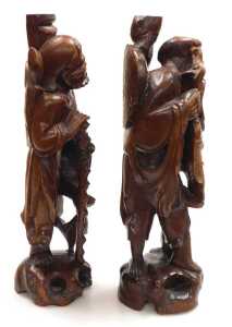 Two late 19thC Chinese hardwood figural carved table lamps, lacking fitments, both carved as... - 4