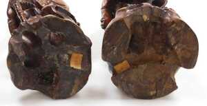 Two late 19thC Chinese hardwood figural carved table lamps, lacking fitments, both carved as... - 5