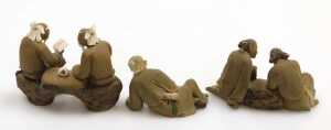A group of 20thC Chinese Shiwan mudman figures, including two men seated playing a board game,... - 9
