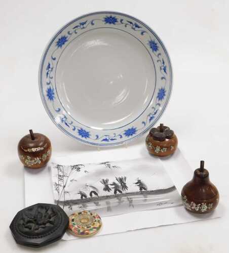 Three Oriental hardwood boxes and covers, moulded as fruit with mother-of-pearl inlay, two...