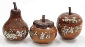 Three Oriental hardwood boxes and covers, moulded as fruit with mother-of-pearl inlay, two... - 6