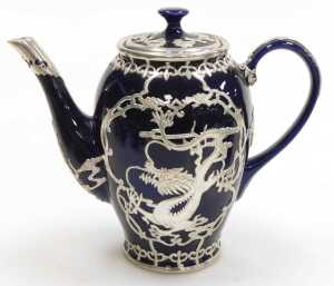 A Chinese cobalt blue pottery coffee service, with white metal overlay of dragons chasing... - 2