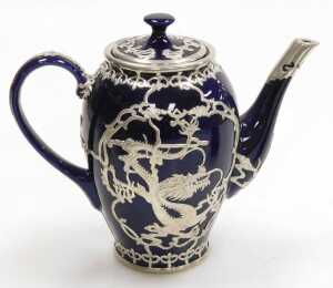 A Chinese cobalt blue pottery coffee service, with white metal overlay of dragons chasing... - 3