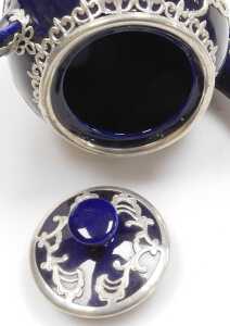 A Chinese cobalt blue pottery coffee service, with white metal overlay of dragons chasing... - 4