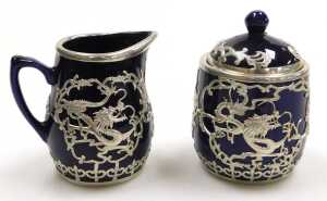 A Chinese cobalt blue pottery coffee service, with white metal overlay of dragons chasing... - 5