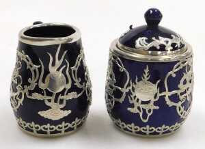 A Chinese cobalt blue pottery coffee service, with white metal overlay of dragons chasing... - 6