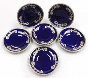 A Chinese cobalt blue pottery coffee service, with white metal overlay of dragons chasing... - 8