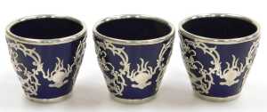 A Chinese cobalt blue pottery coffee service, with white metal overlay of dragons chasing... - 12