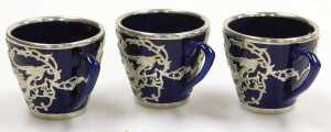 A Chinese cobalt blue pottery coffee service, with white metal overlay of dragons chasing... - 14