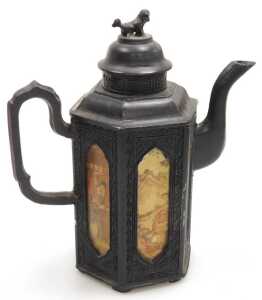 A Chinese Archaic style patinated bronze censer, 13cm wide, together with a cinebar lacquer... - 13