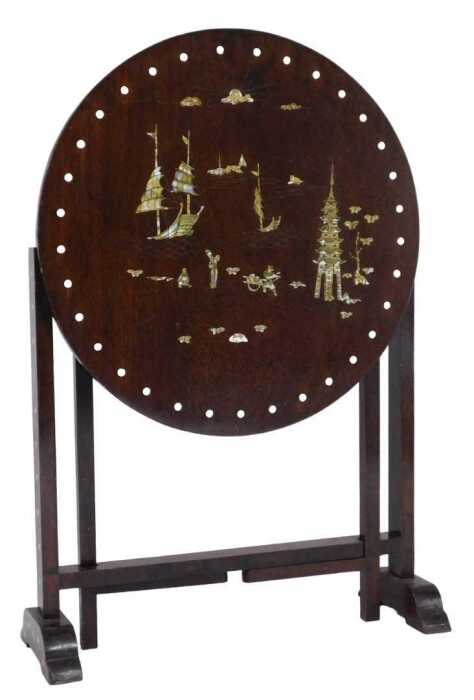An early 20thC oak tilt top occasional table, decorated with chinoiserie motifs in stained...