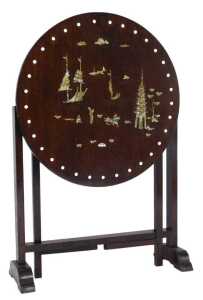 An early 20thC oak tilt top occasional table, decorated with chinoiserie motifs in stained...