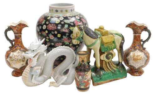 A Chinese sancai pottery roof tile, modelled as a horse, pair of Satsuma ewers, of baluster form,...