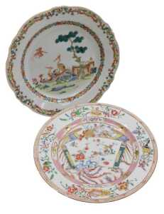 A Chinese Qianlong famille rose export porcelain plate, decorated with cranes, a castle and...