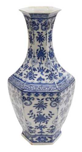 A late 19th/early 20thC Chinese blue and white porcelain vase, of long necked hexagonal form,...