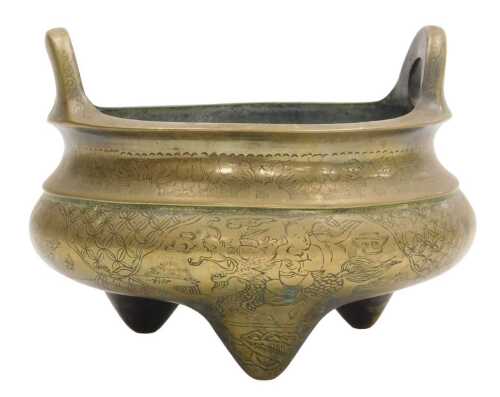 A Chinese bronze tripod censer, engraved with reserves of figures and flowers, apocryphal Xuande...