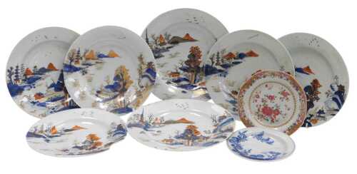 A late 18thC Chinese Imari part dinner service, decorated with a river and mountain landscape,...