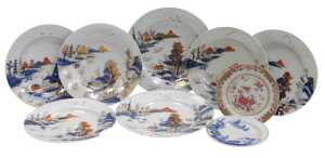 A late 18thC Chinese Imari part dinner service, decorated with a river and mountain landscape,...