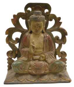 A 20thC Chinese carved wooden figure of Buddha, modelled seated in the lotus position, with a...