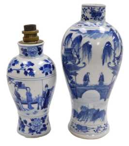 A Chinese Kangxi style porcelain blue and white vase, of baluster form, decorated with figures...