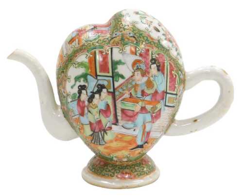 A Qing Dynasty Chinese Cantonese porcelain Cadogan teapot, decorated with reserves of figures in...