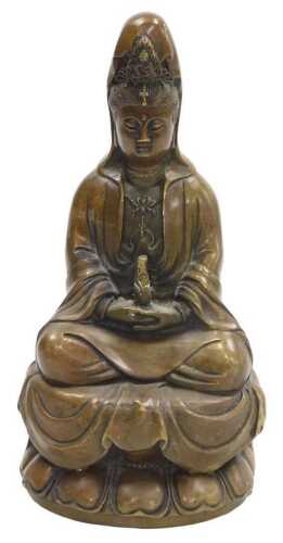 A Chinese bronze figure of Guanyin, probably 19thC, modelled seated, on a lotus flower base,...