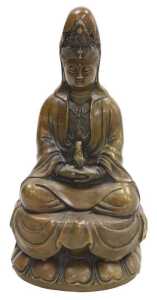 A Chinese bronze figure of Guanyin, probably 19thC, modelled seated, on a lotus flower base,...