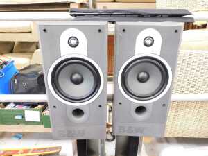 Two freestanding speakers, in part wooden surrounds. - 2