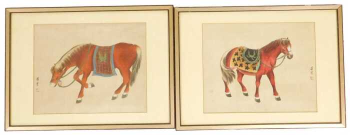 Luo Fen (Chinese 20thC). Studies of horses, pair of watercolours on silks, 25cm x 31.5cm.