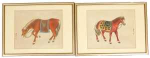 Luo Fen (Chinese 20thC). Studies of horses, pair of watercolours on silks, 25cm x 31.5cm.
