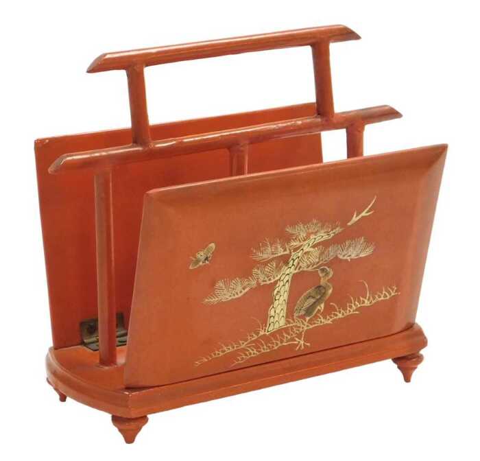A Japanese red lacquer folding letter rack, decorated with birds and prunus blossom, of twin...