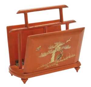 A Japanese red lacquer folding letter rack, decorated with birds and prunus blossom, of twin...