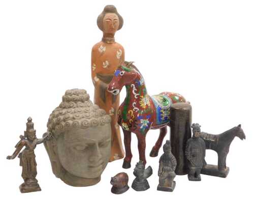 A group of Eastern pottery and collectables, including a Chinese cloisonne Tang style horse,...