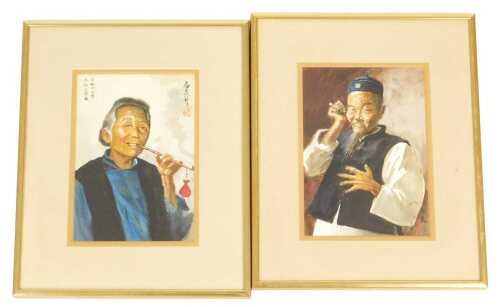 Chinese School (20thC). Study of an old lady smoking a pipe, watercolour, signed, 17cm x 12cm,...