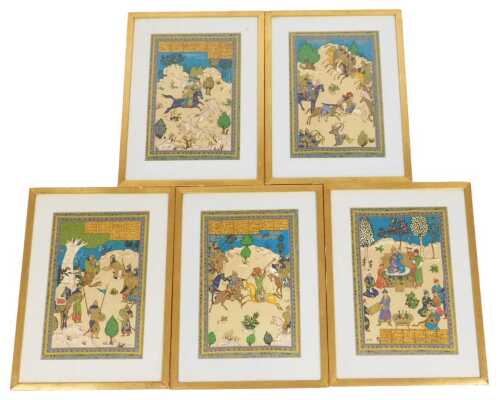 Persian School (20thC). Hunting, battle and court scenes, colour prints on silk, 31cm x 20.5cm. (5)