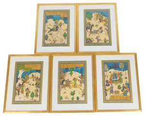 Persian School (20thC). Hunting, battle and court scenes, colour prints on silk, 31cm x 20.5cm. (5)