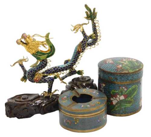 An early 20thC Chinese cloisonne ashtray, of cylindrical form, decorated with flowers, a...