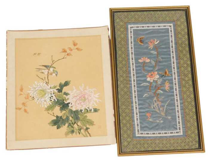 A late 19thC Chinese silk sleeve panel, embroidered with butterflies and flowers, 42cm x 22cm,...
