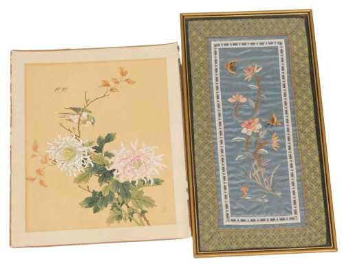 A late 19thC Chinese silk sleeve panel, embroidered with butterflies and flowers, 42cm x 22cm,...