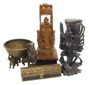 An Indian hardwood carving of Lord Vishnu riding atop Garuda, 5cm high, another smaller similar...