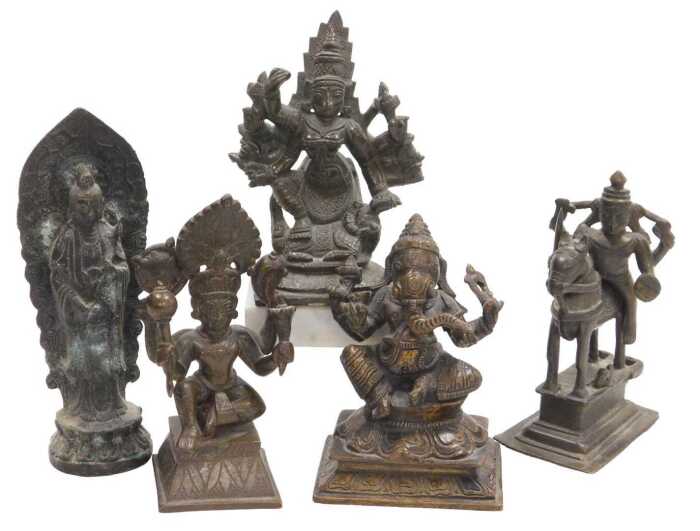 Five Indian bronze figures, including Lord Vishnu, Ganesh, Durga, and Buddha.