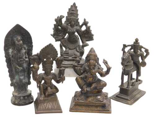 Five Indian bronze figures, including Lord Vishnu, Ganesh, Durga, and Buddha.