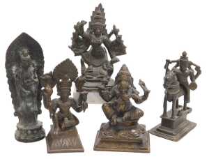 Five Indian bronze figures, including Lord Vishnu, Ganesh, Durga, and Buddha.