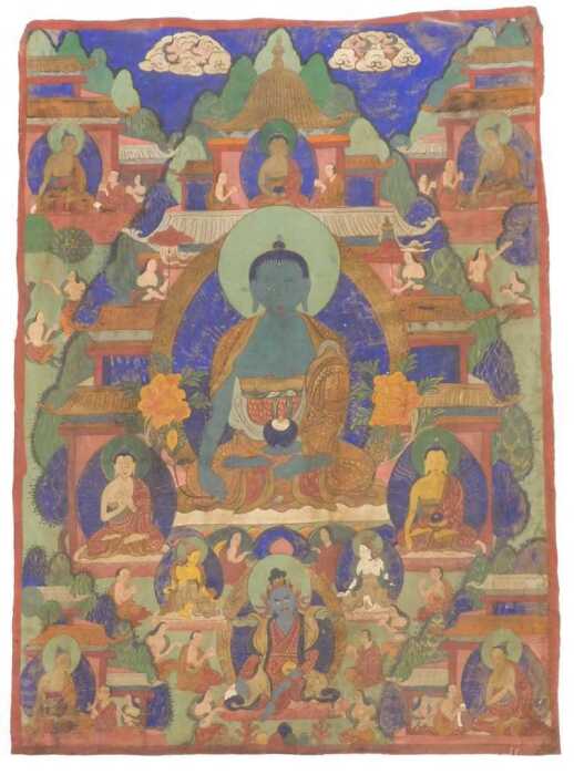 A Tibetan Thangka painting depicting a seated Buddha, in a temple setting, surrounded by further...