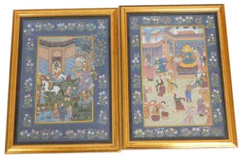 Indian School (19thC). Garden scene, with courtiers, figures on horseback, within a floral...