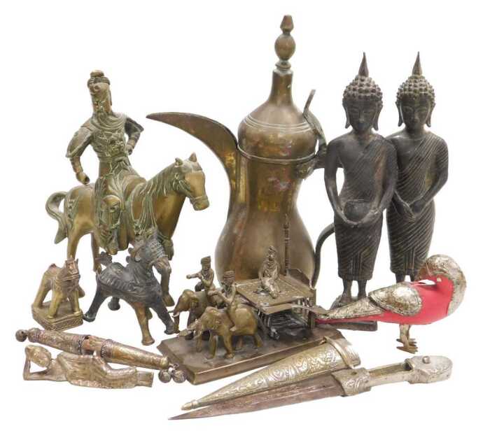 A group of Asian metalwares, including a Turkish coffee pot, two cast metal figures of Buddha, a...