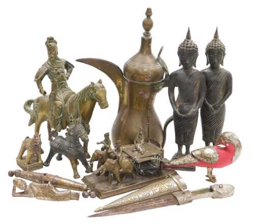 A group of Asian metalwares, including a Turkish coffee pot, two cast metal figures of Buddha, a...
