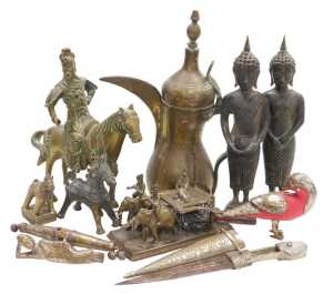 A group of Asian metalwares, including a Turkish coffee pot, two cast metal figures of Buddha, a...